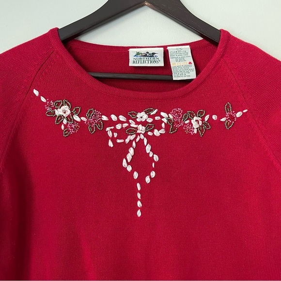โ๏ธSOLDโ๏ธ Vintage 90s Red Festive Beaded Knit Sweater Top Ribbon Bow Floral L - Picture 3 of 8